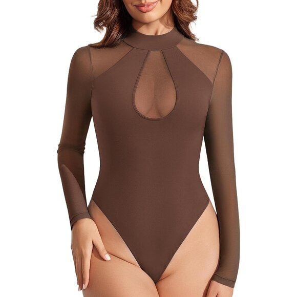 Women's Light Brown Thong Mock Neck Long Sleeve Mesh Bodysuits Shapewear Tops